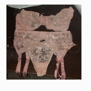 Victoria's Secret Sheer Lace Garter Thong Set in Dusty Pink